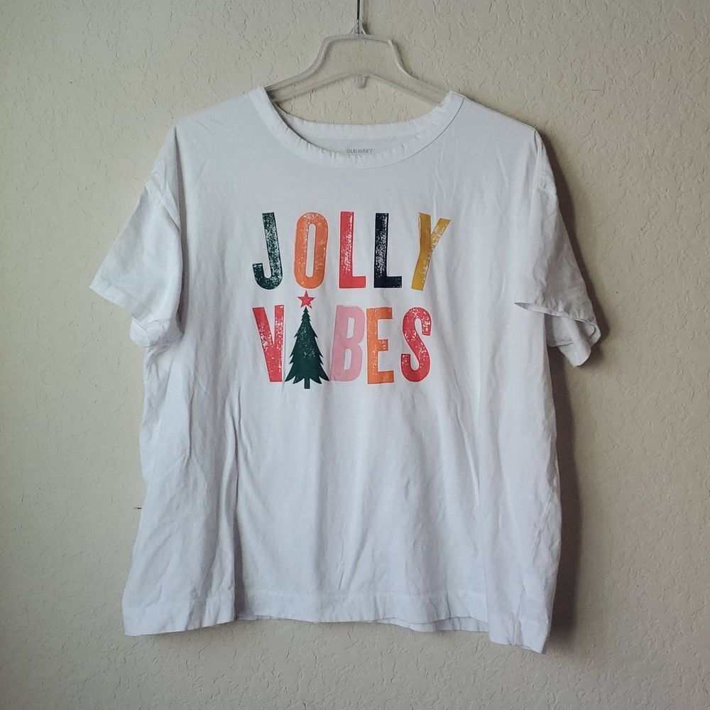 Old Navy White Jolly Vibes Christmas Graphic Tee Plus Size 3X Holiday T-Shirt